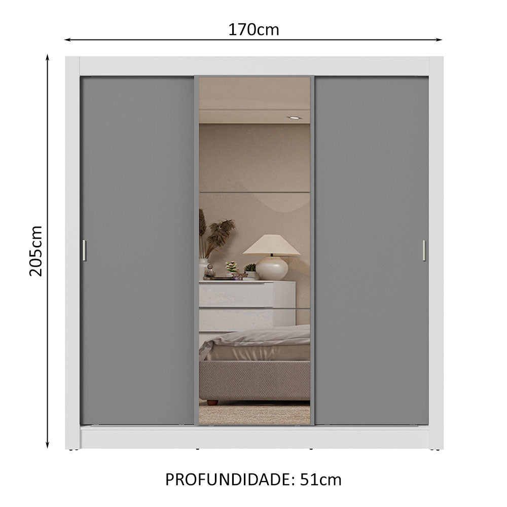 Guarda-Roupa Casal 3 Portas de Correr com Espelho 2 Gavetas Branco/Cinza Sublime Madesa