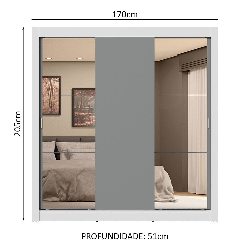 Guarda-Roupa Casal 3 Portas de Correr com Espelhos 4 Gavetas Branco/Cinza Sublime Plus Madesa