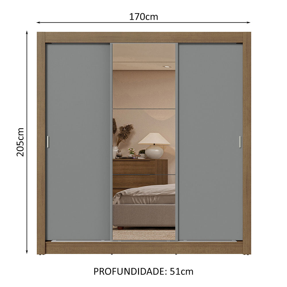 Guarda-Roupa Casal 3 Portas de Correr com Espelho 2 Gavetas Rustic/Cinza Sublime Madesa