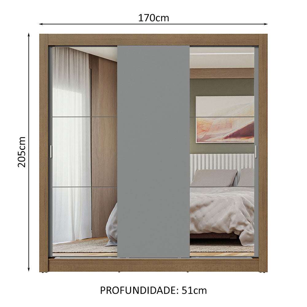 Guarda-Roupa Casal 3 Portas de Correr com Espelhos Rustic/Cinza Nobre Madesa
