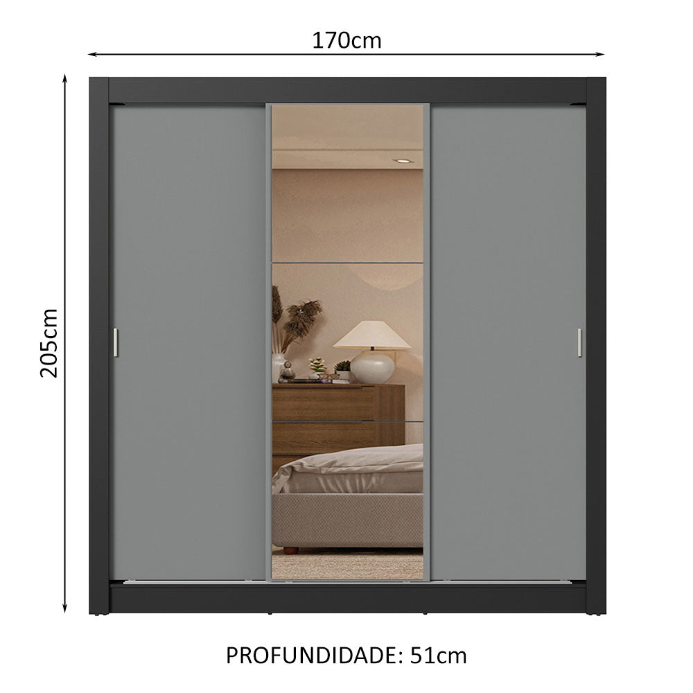 Guarda-Roupa Casal 3 Portas de Correr com Espelho 2 Gavetas Preto/Cinza Sublime Madesa