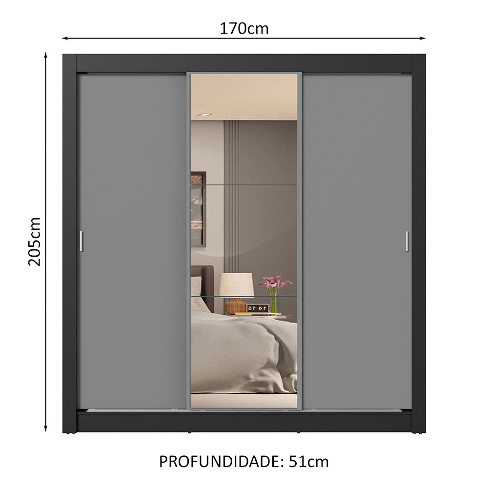 Guarda-Roupa Casal 3 Portas de Correr com Espelho 4 Gavetas Preto/Cinza Sublime Plus Madesa
