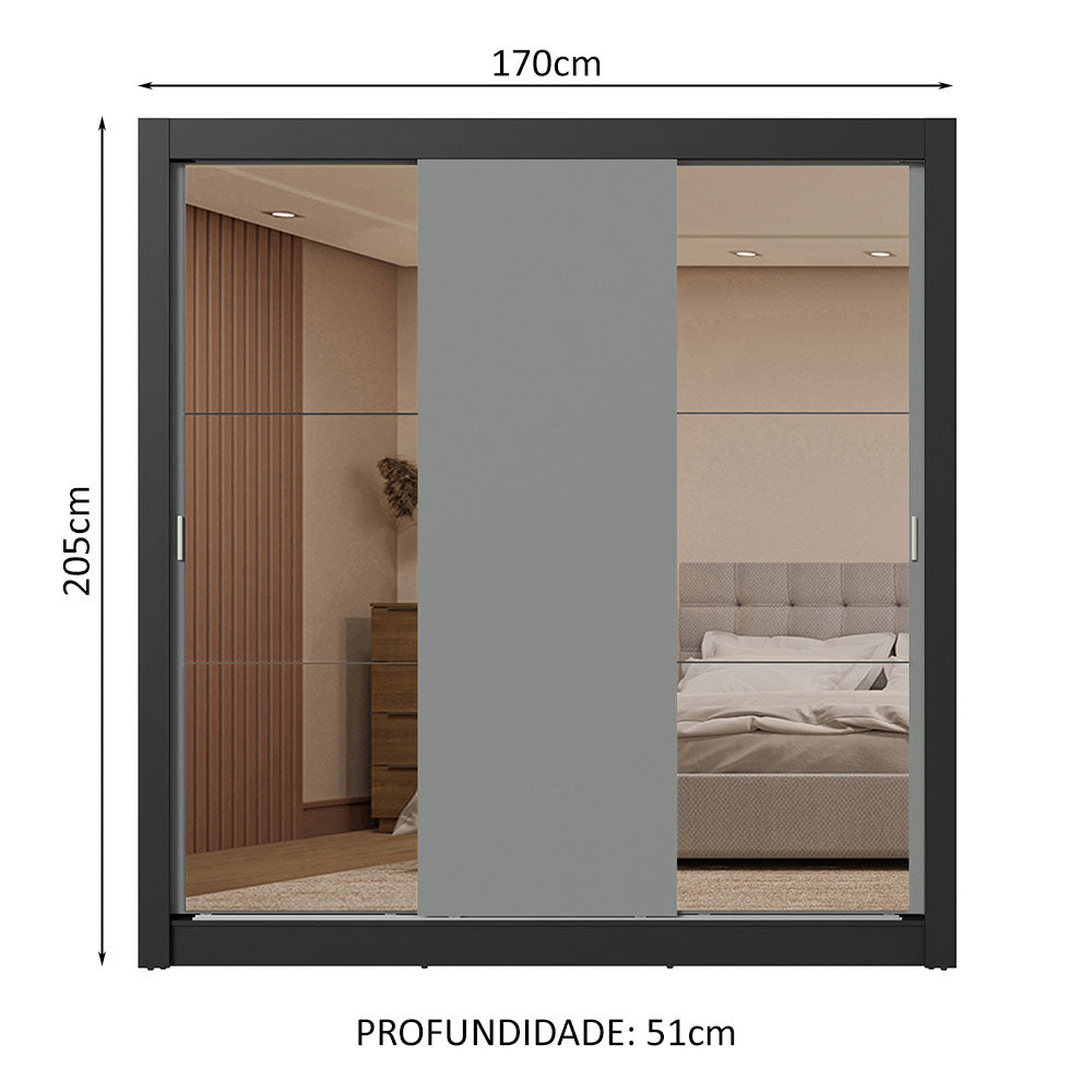 Guarda-Roupa Casal 3 Portas de Correr com Espelhos 2 Gavetas Preto/Cinza Sublime Madesa