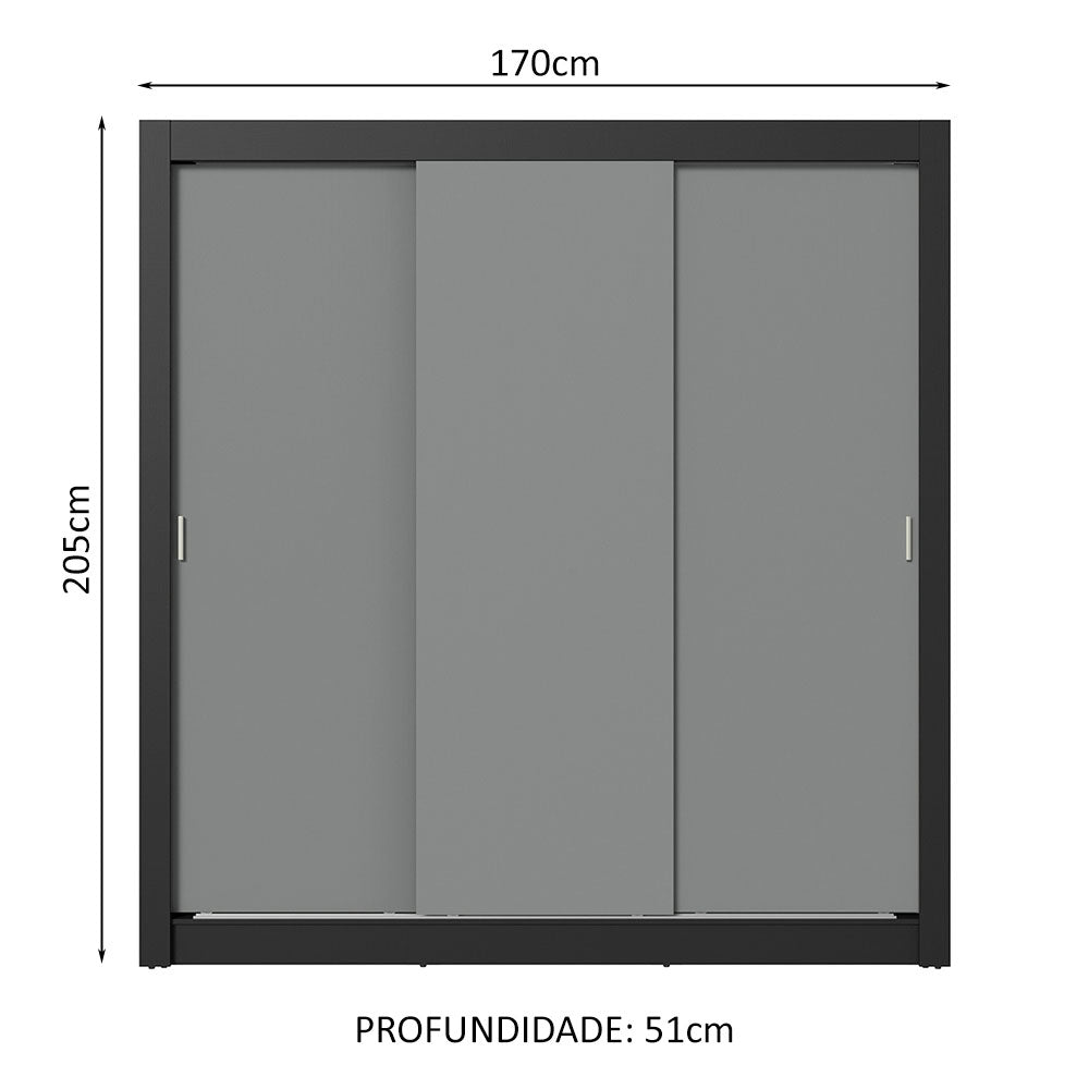 Guarda-Roupa Casal 3 Portas de Correr Preto/Cinza Sublime Plus Madesa