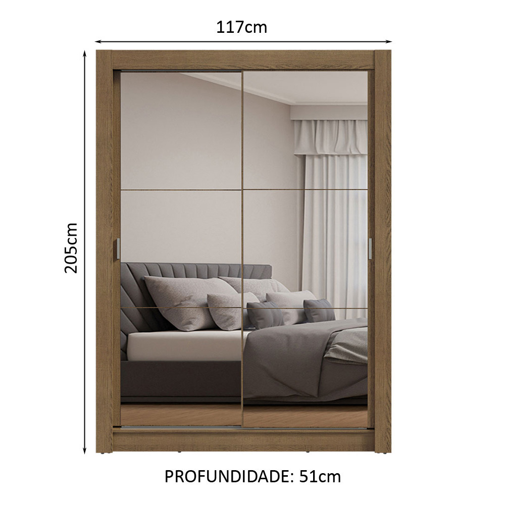 Guarda-Roupa Solteiro 2 Portas de Correr com Espelhos Rustic Milano Madesa