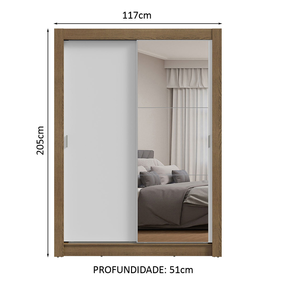 Guarda-Roupa Solteiro 2 Portas de Correr com Espelho Rustic/Branco Milano Madesa