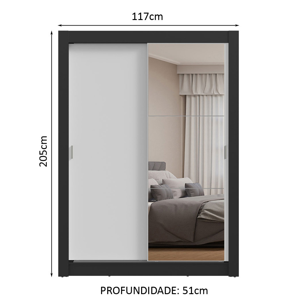 Guarda-Roupa Solteiro 2 Portas de Correr com Espelho Preto/Branco Milano Madesa
