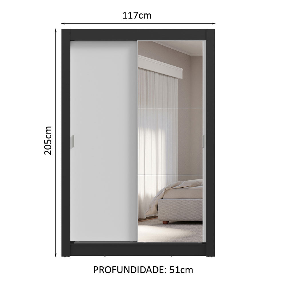 Guarda-Roupa Solteiro 2 Portas de Correr com Espelho 4 Gavetas Preto/Branco Vivare Plus Madesa