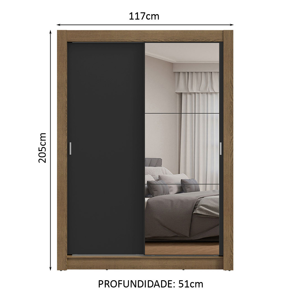 Guarda-Roupa Solteiro 2 Portas de Correr com Espelho Rustic/Preto Milano Madesa