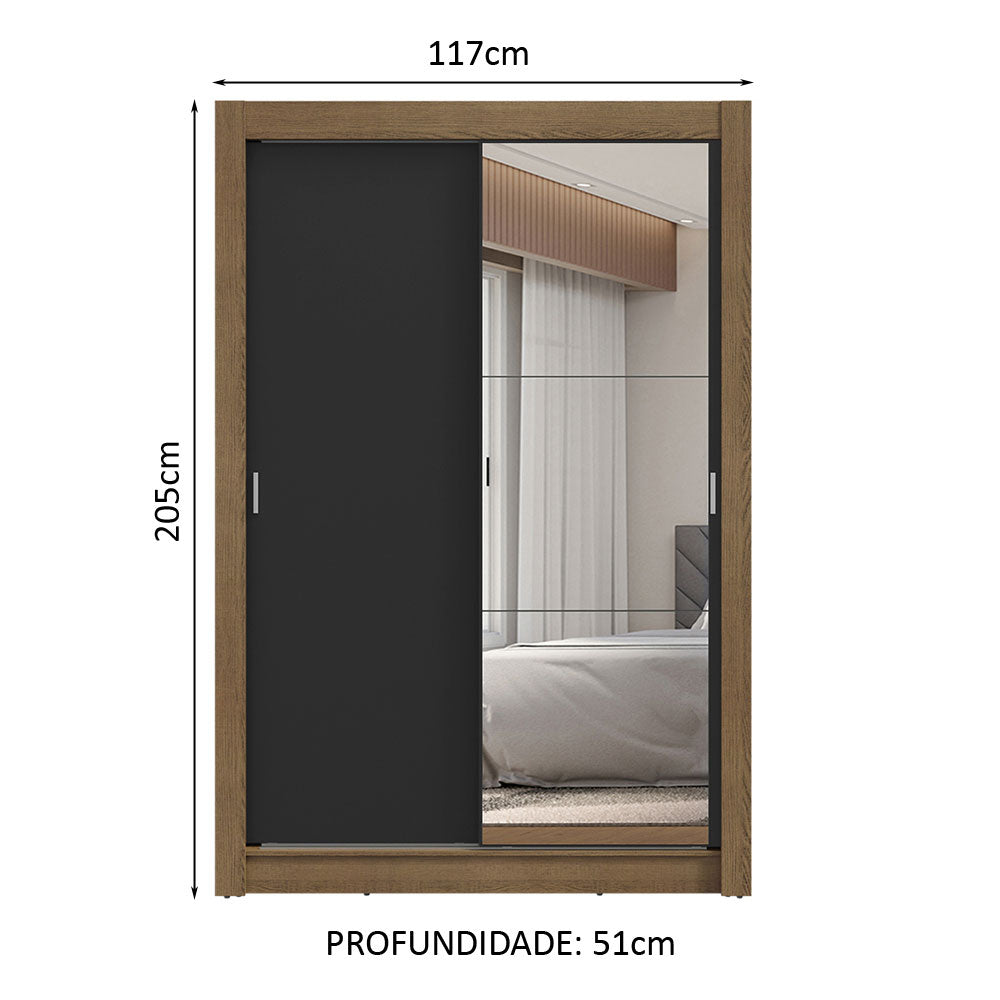 Guarda-Roupa Solteiro 2 Portas de Correr com Espelho 2 Gavetas Rustic/Preto Vivare Madesa