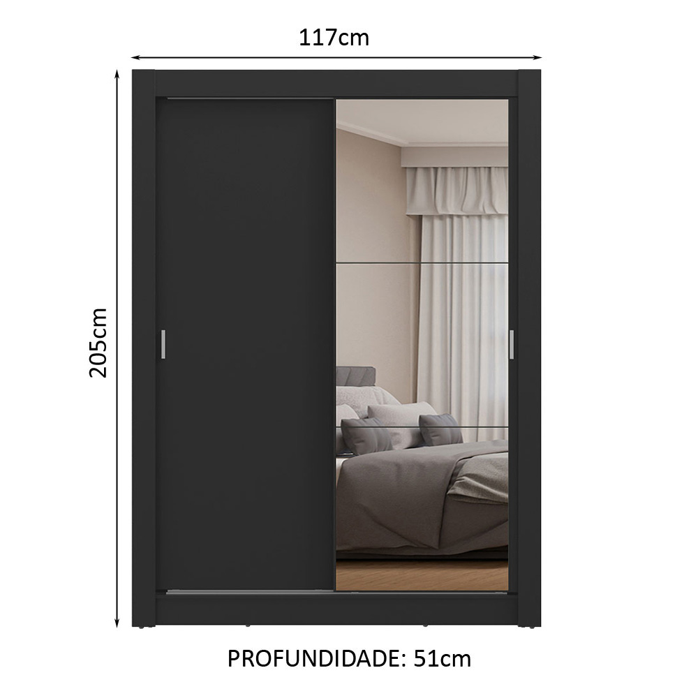 Guarda-Roupa Solteiro 2 Portas de Correr com Espelho Preto Milano Madesa