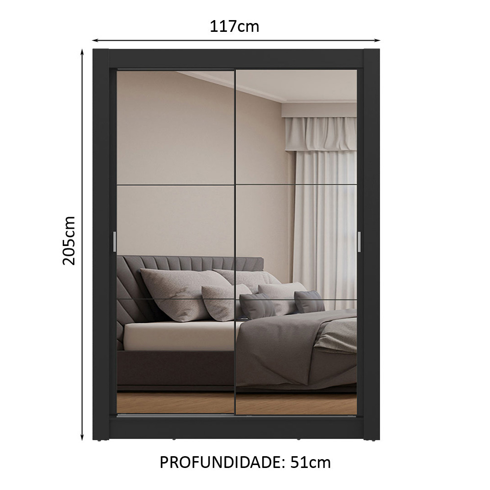 Guarda-Roupa Solteiro 2 Portas de Correr com Espelhos Preto Milano Madesa