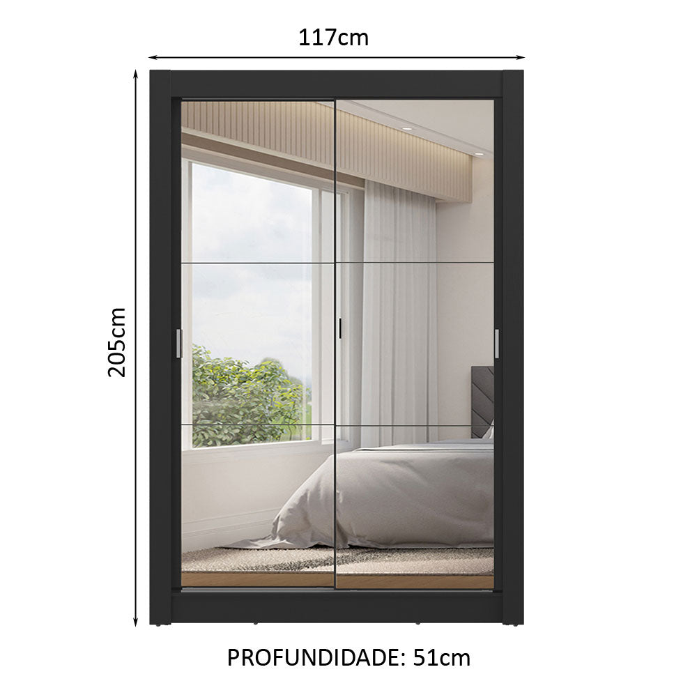 Guarda-Roupa Solteiro 2 Portas de Correr com Espelhos 2 Gavetas Preto Vivare Madesa