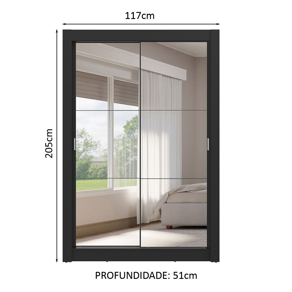 Guarda-Roupa Solteiro 2 Portas de Correr com Espelhos 4 Gavetas Preto Vivare Plus Madesa