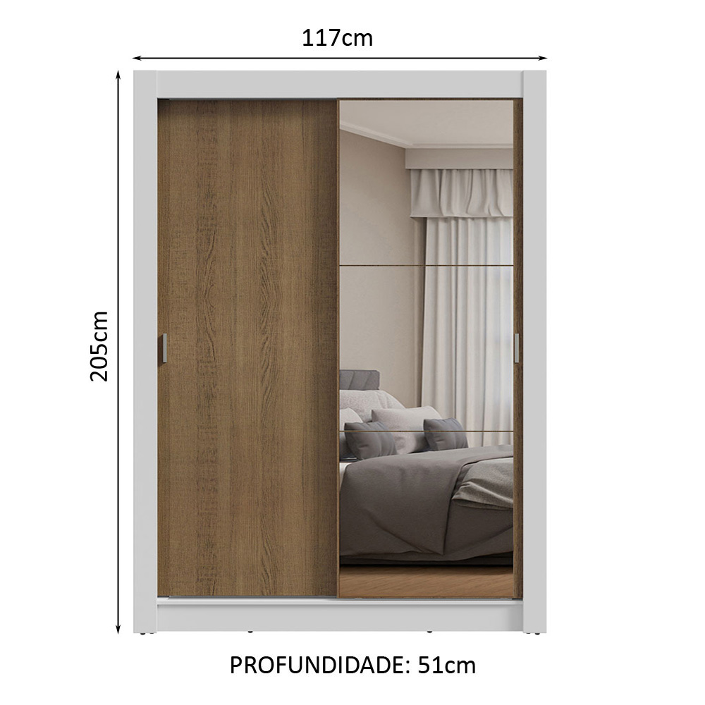Guarda-Roupa Solteiro 2 Portas de Correr com Espelho Branco/Rustic Milano Madesa
