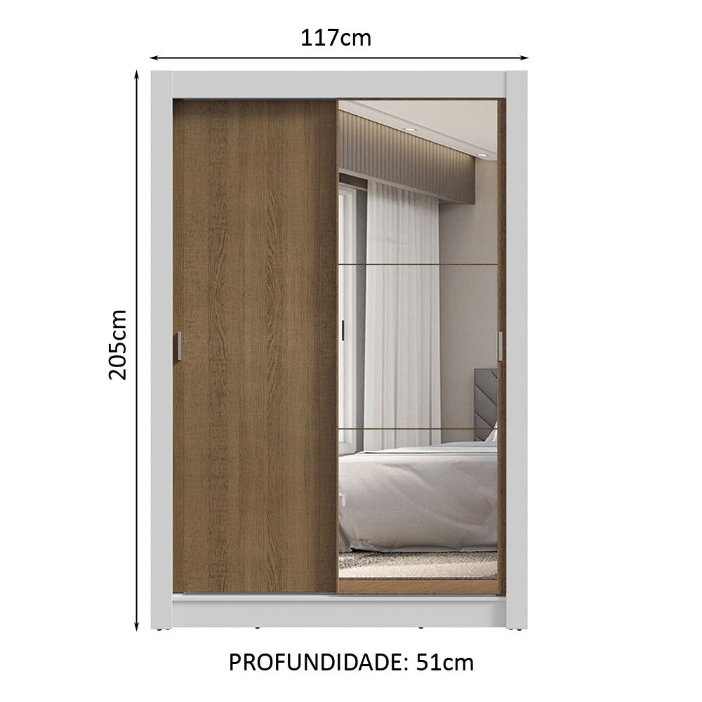 Guarda-Roupa Solteiro 2 Portas de Correr com Espelho 2 Gavetas Branco/Rustic Vivare Madesa