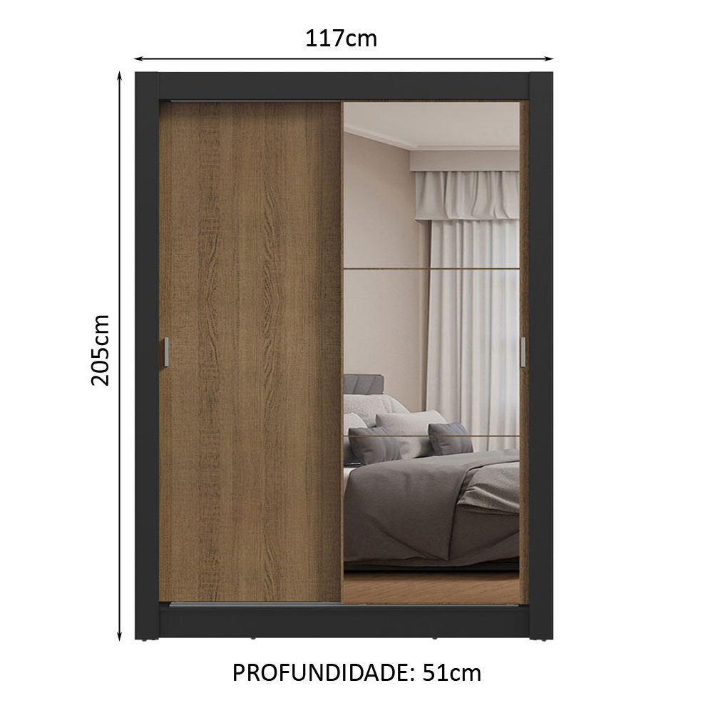 Guarda-Roupa Solteiro 2 Portas de Correr com Espelho Preto/Rustic Milano Madesa