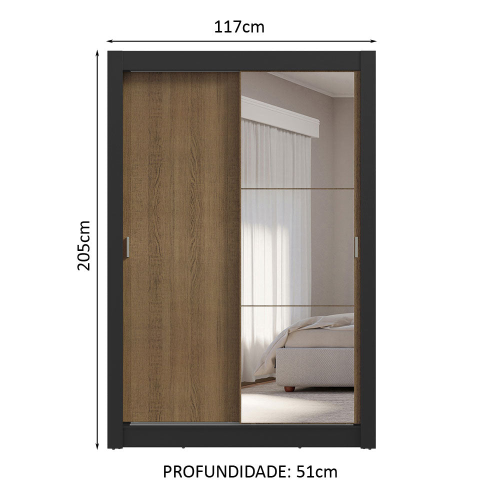 Guarda-Roupa Solteiro 2 Portas de Correr com Espelho 4 Gavetas Preto/Rustic Vivare Plus Madesa