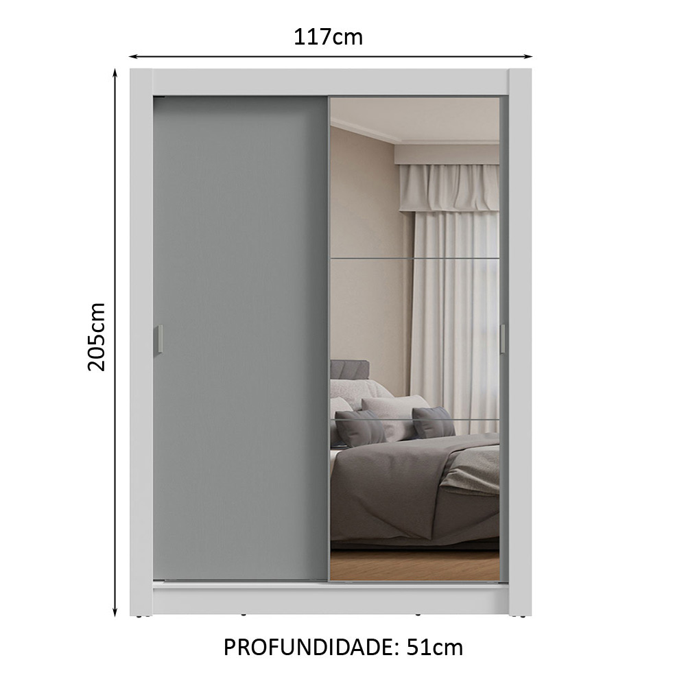 Guarda-Roupa Solteiro 2 Portas de Correr com Espelho Branco/Cinza Milano Madesa