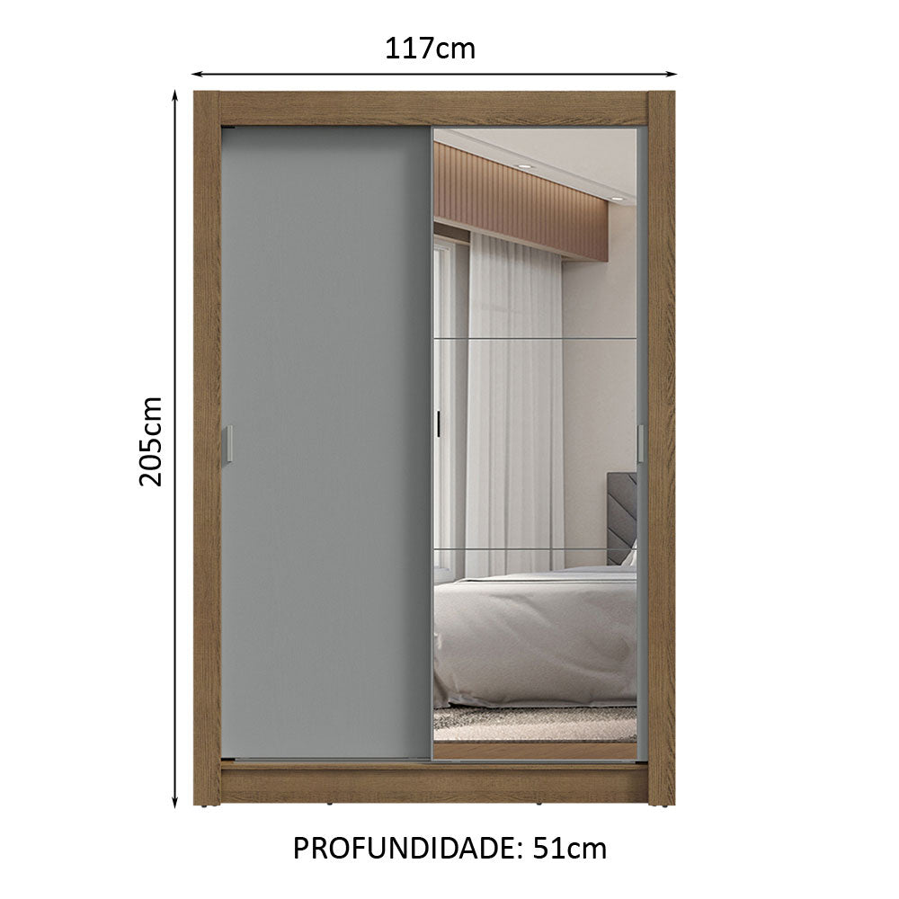 Guarda-Roupa Solteiro 2 Portas de Correr com Espelho 2 Gavetas Rustic/Cinza Vivare Madesa