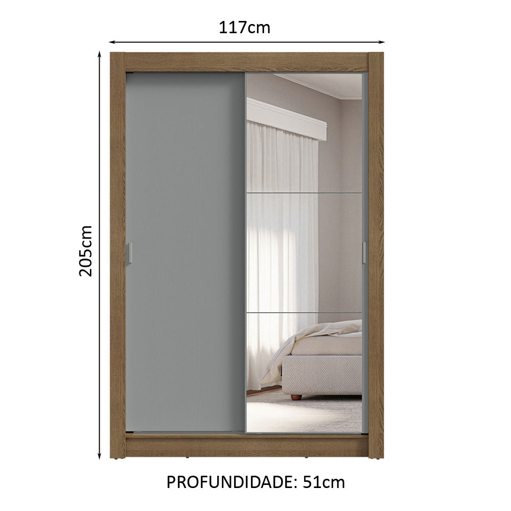 Guarda-Roupa Solteiro 2 Portas de Correr com Espelho 4 Gavetas Rustic/Cinza Vivare Plus Madesa