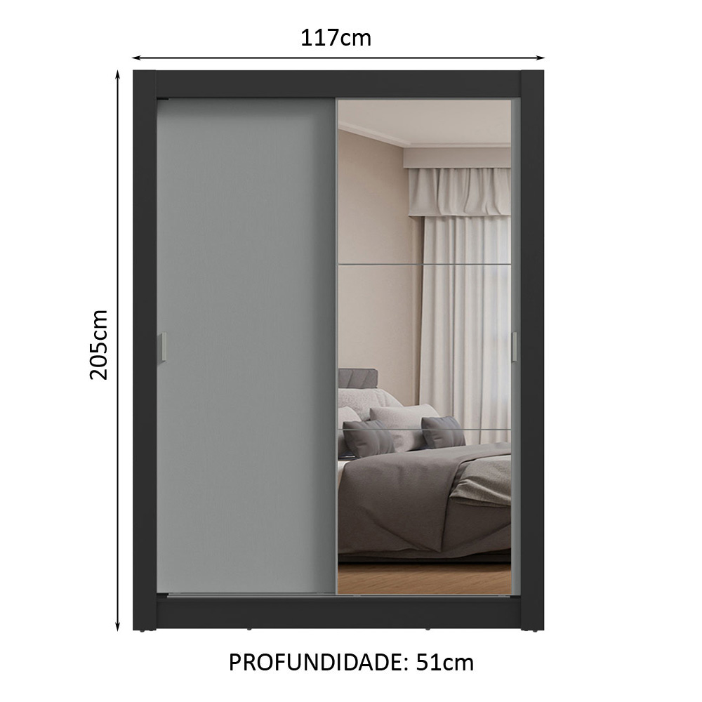 Guarda-Roupa Solteiro 2 Portas de Correr com Espelho Preto/Cinza Milano Madesa