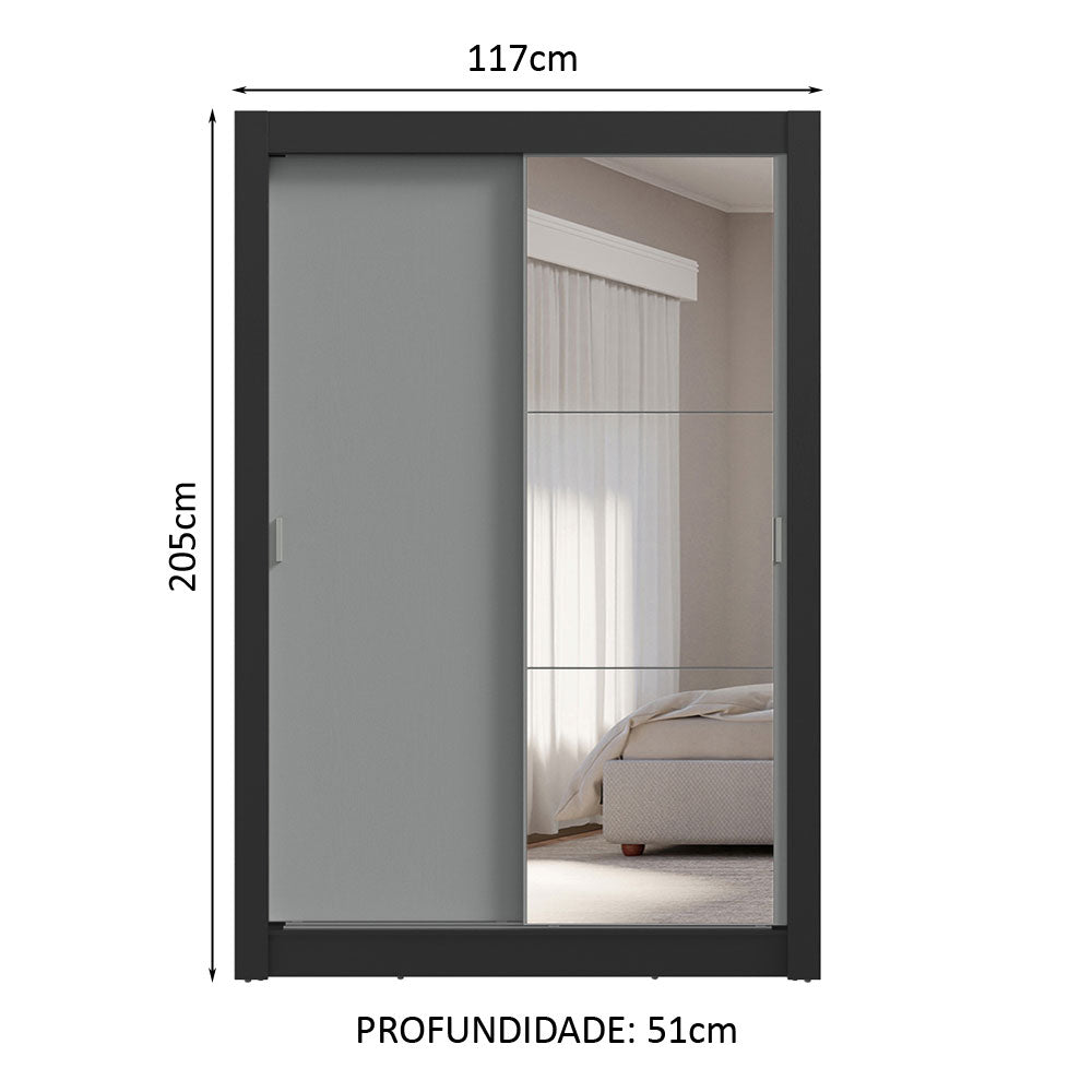 Guarda-Roupa Solteiro 2 Portas de Correr com Espelho 4 Gavetas Preto/Cinza Vivare Plus Madesa