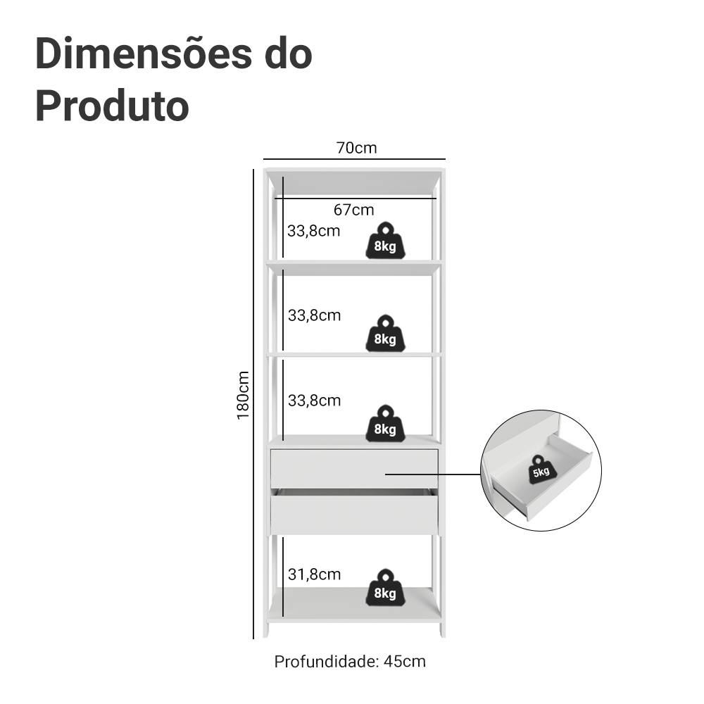 Guarda-Roupa Closet Modulado 2 Gavetas 4 Prateleiras 70cm Branco Valencia Madesa