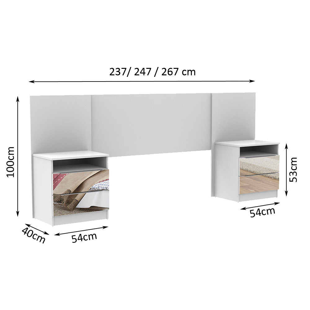Cabeceira Extensível Madesa com 2 Mesas de Cabeceira com Espelho Branco