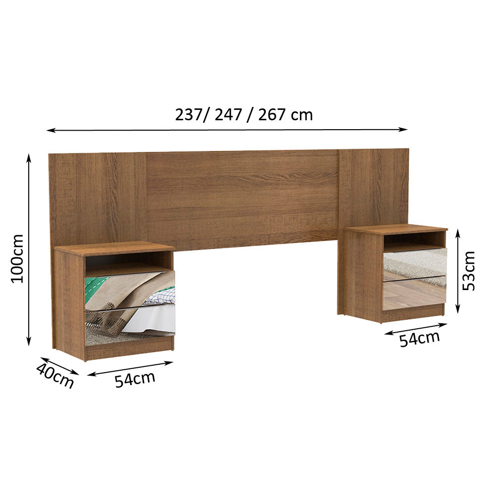 Cabeceira Extensível Madesa com 2 Mesas de Cabeceira com Espelho Rustic