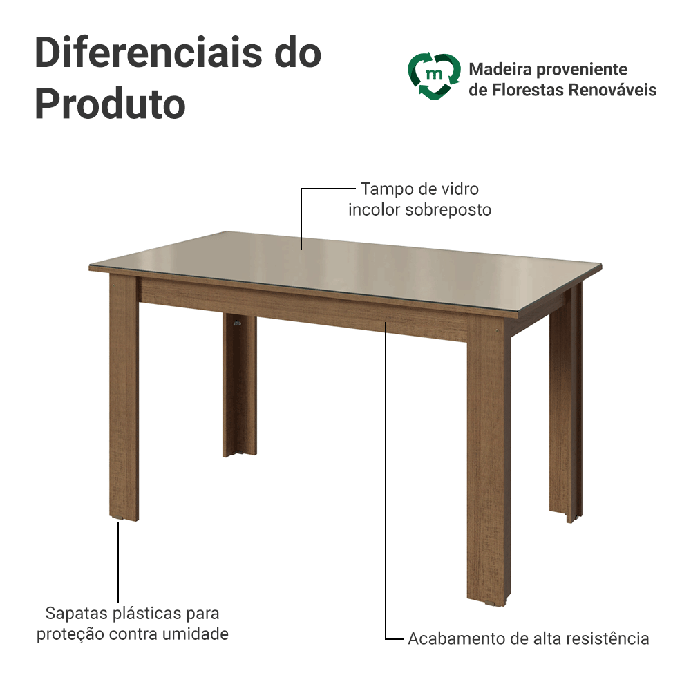 Mesa de Jantar Retangular Tampo de Vidro Rustic/Crema 5231 Madesa