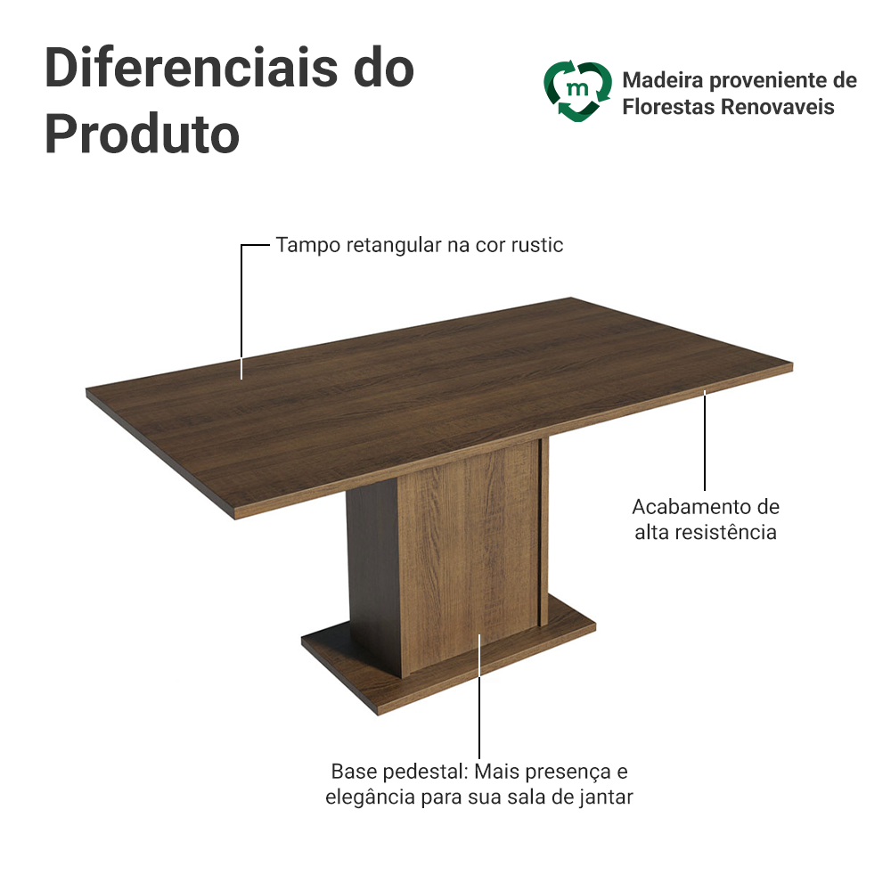 Mesa de Jantar Retangular Tampo de Madeira Rustic 5275 Madesa