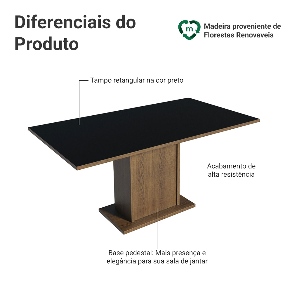 Mesa de Jantar Retangular Tampo de Madeira Rustic/Preto 5275 Madesa