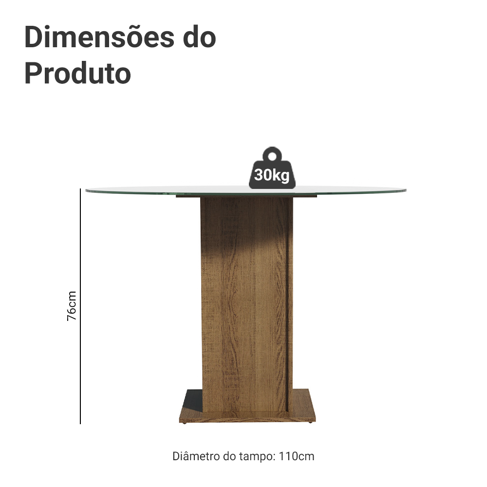 Mesa de Jantar Redonda Madesa 5325 com Tampo de Vidro Rustic