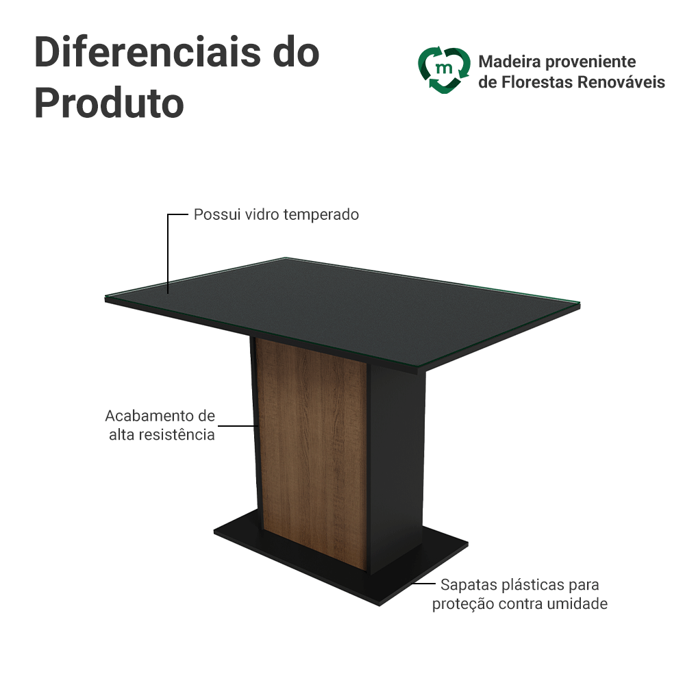 Mesa de Jantar Retangular com Tampo de Vidro Preto/Rustic 5329 Madesa