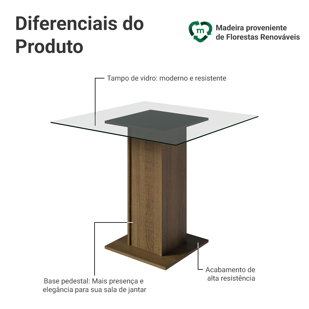 Mesa de Jantar Madesa Quadrada com Tampo de Vidro 5332A Rustic