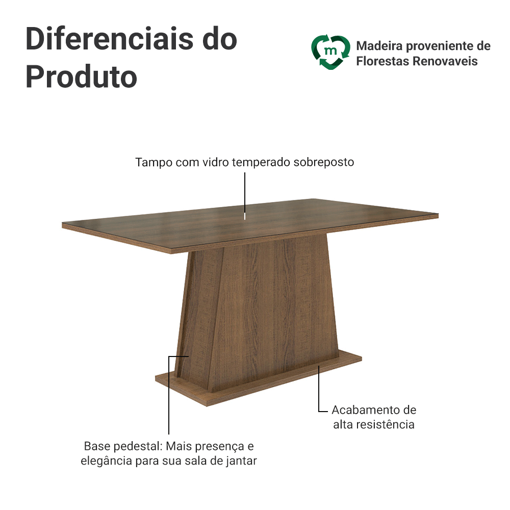 Mesa de Jantar Retangular Tampo de Vidro Rustic 5364 Madesa