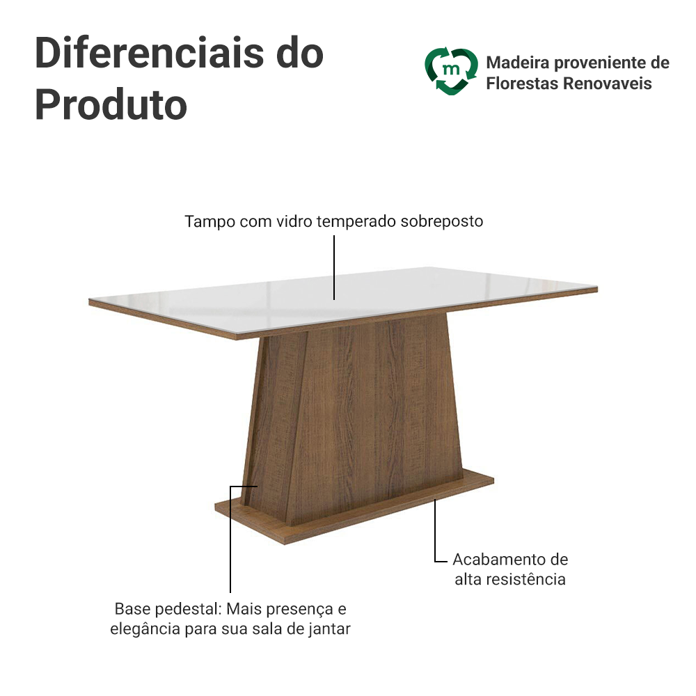 Mesa de Jantar Madesa Retangular Tampo de Vidro 5364 Rustic/Branco