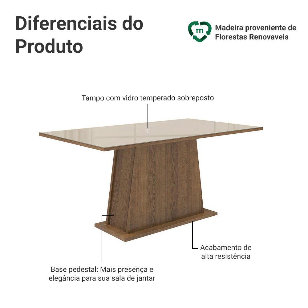 Mesa de Jantar Madesa Retangular Tampo de Vidro 5364 Rustic/Crema