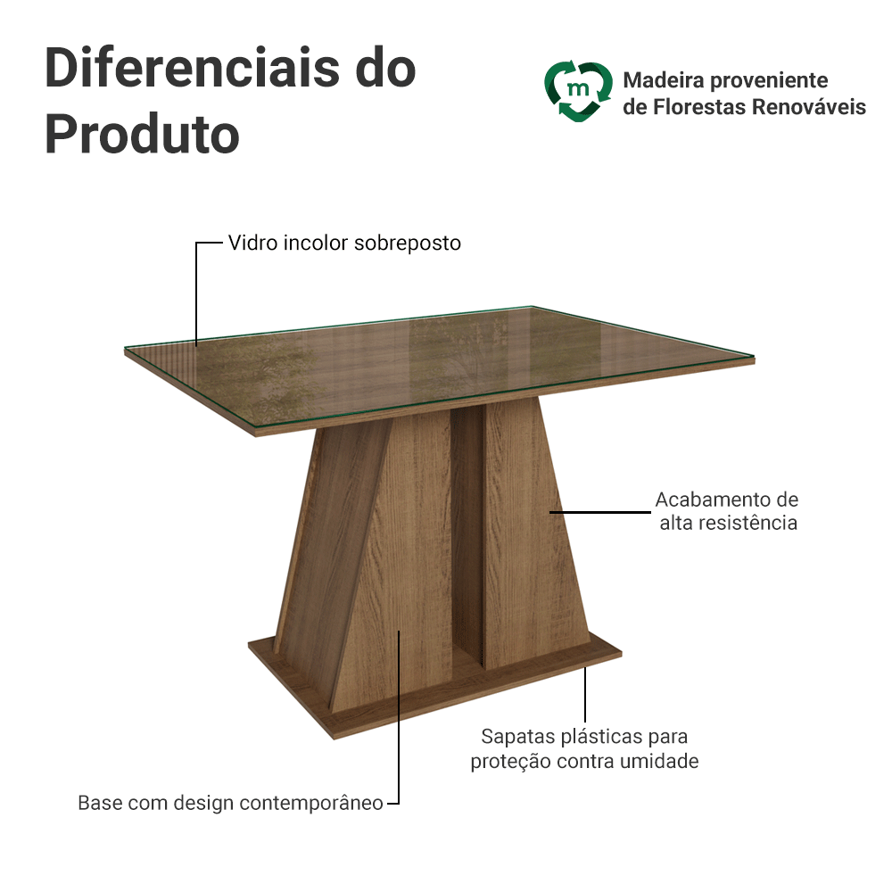 Mesa de Jantar Retangular Tampo de Vidro Rustic 5383 Madesa