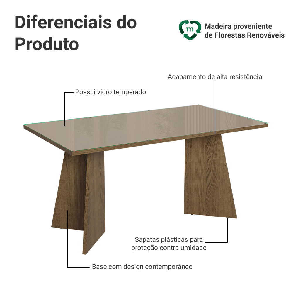 Mesa de Jantar Retangular Tampo de Vidro 5389 Rustic/Crema Madesa