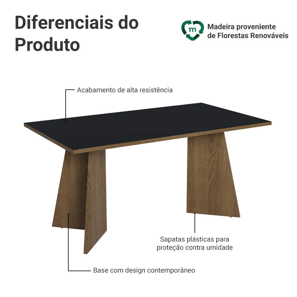 Mesa de Jantar Retangular Tampo de Madeira 5389 Rustic/Preto Madesa