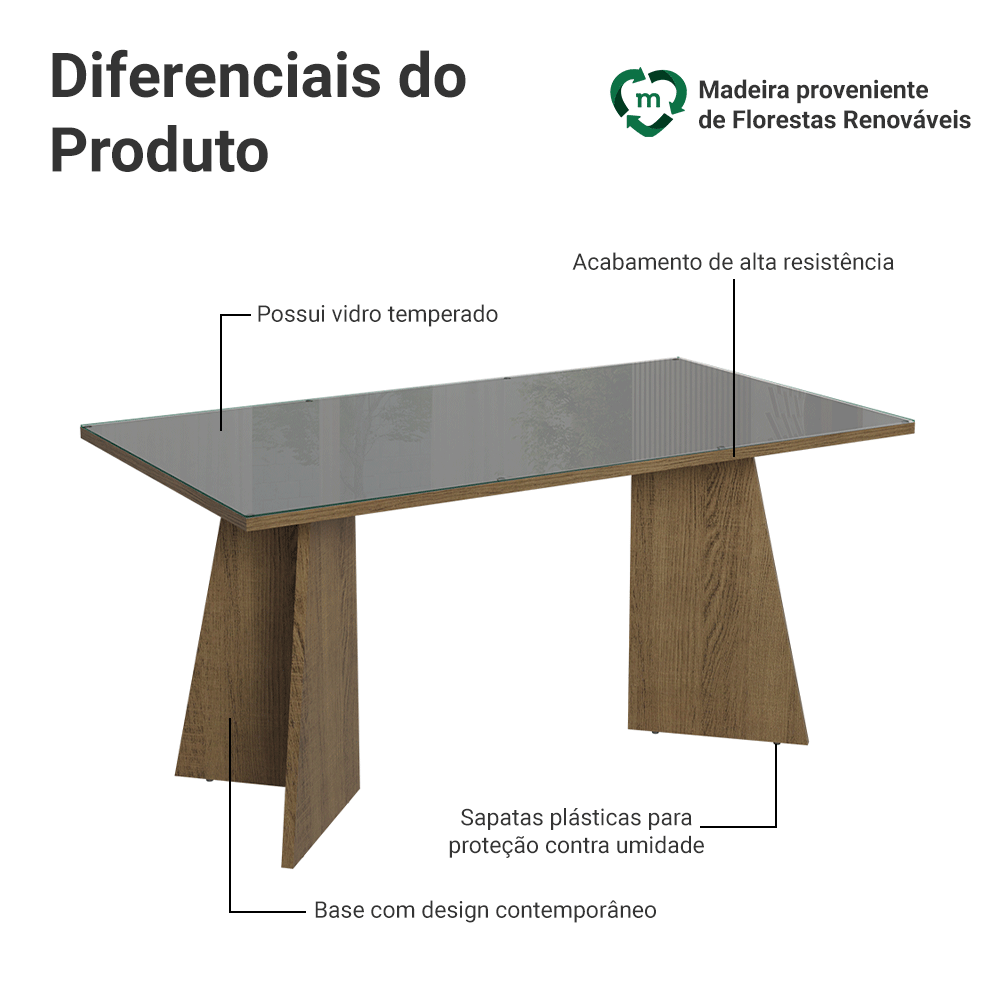 Mesa de Jantar Retangular Tampo de Vidro 5389 Rustic/Cinza Madesa