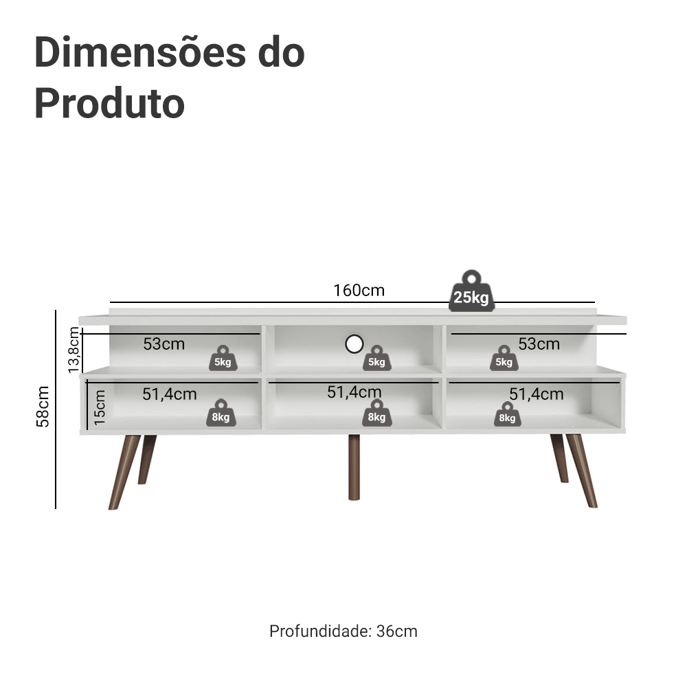 Rack para TV até 65 Polegadas Madesa Londres com Pés Retro Branco