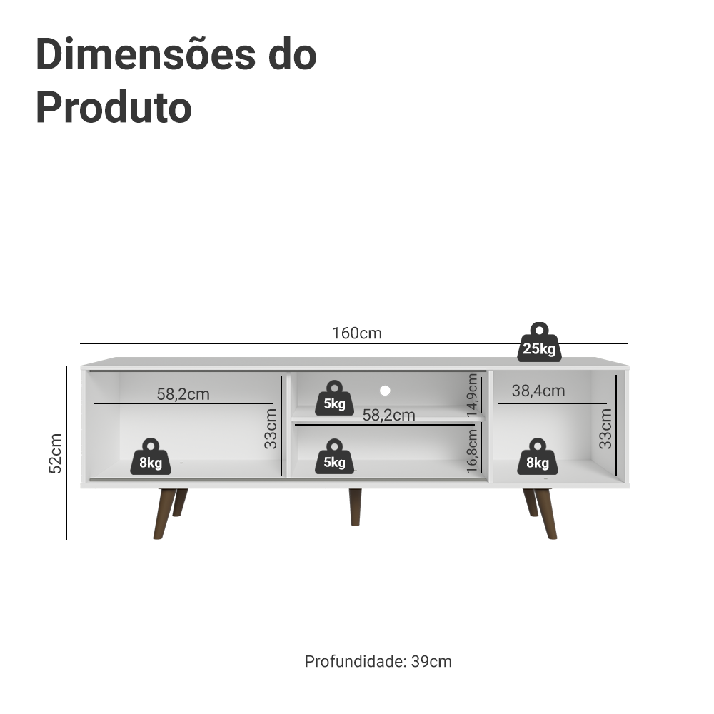 Rack Madesa Dubai para TV até 65 Polegadas com Pés Branco/Rustic 095Z