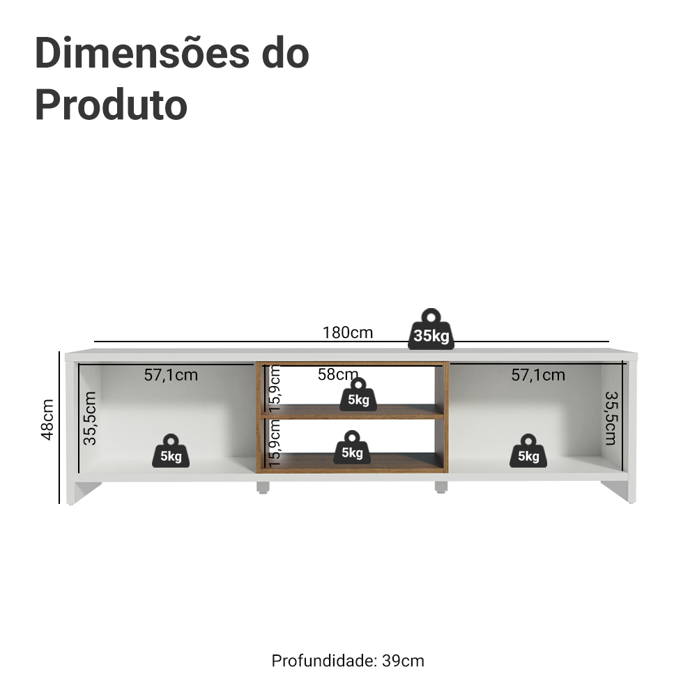Rack para TV até 75 Polegadas Madesa Metz 180 cm 2 Portas Branco/Rustic