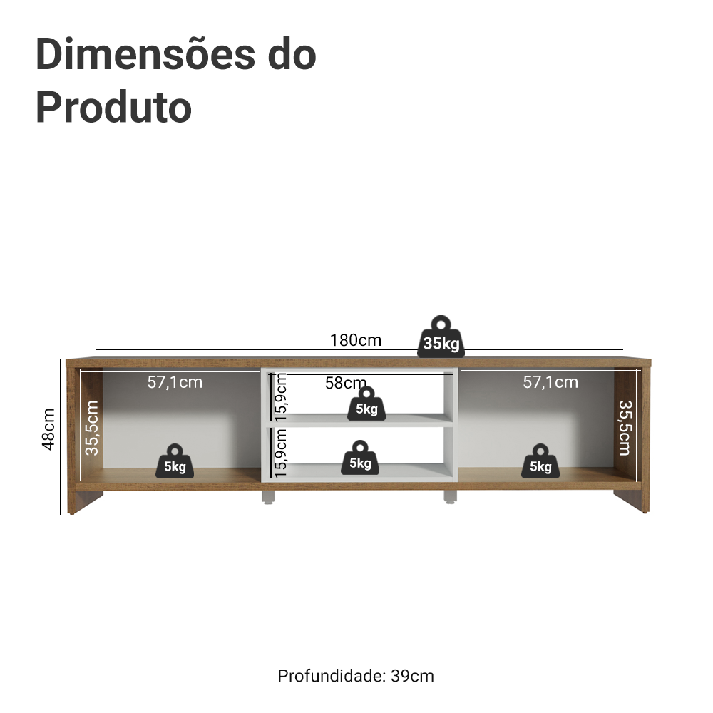 Rack para TV até 75 Polegadas Madesa Metz 180 cm 2 Portas Rustic/Branco