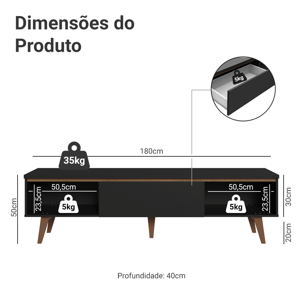 Rack para TV até 80 Polegadas 180cm 2 Portas 1 Gaveta Preto/Rustic Doha Madesa
