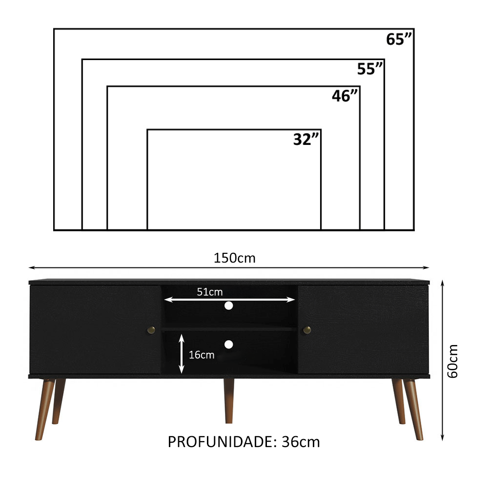 Rack para TV até 65 Polegadas Madesa 6921 com 2 Portas Preto PO