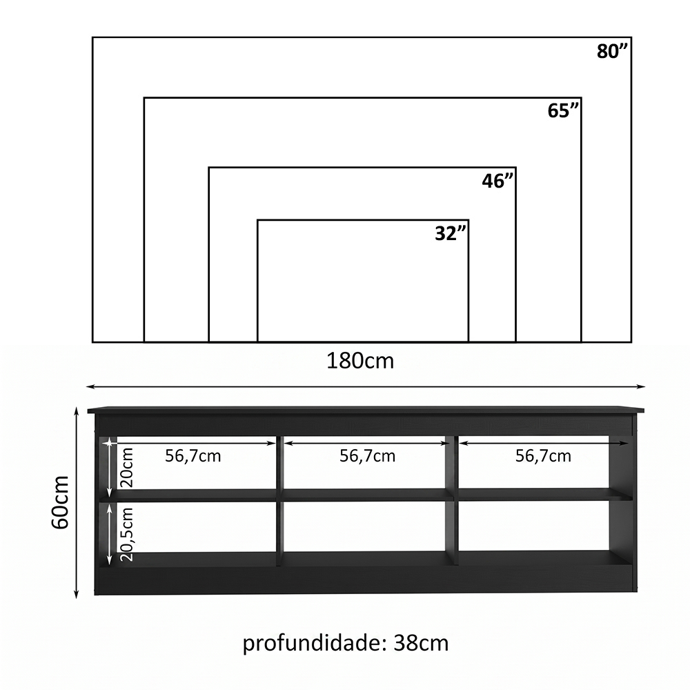 Rack para TV até 80 Polegadas Madesa 6928 com 6 Nichos Preto PO